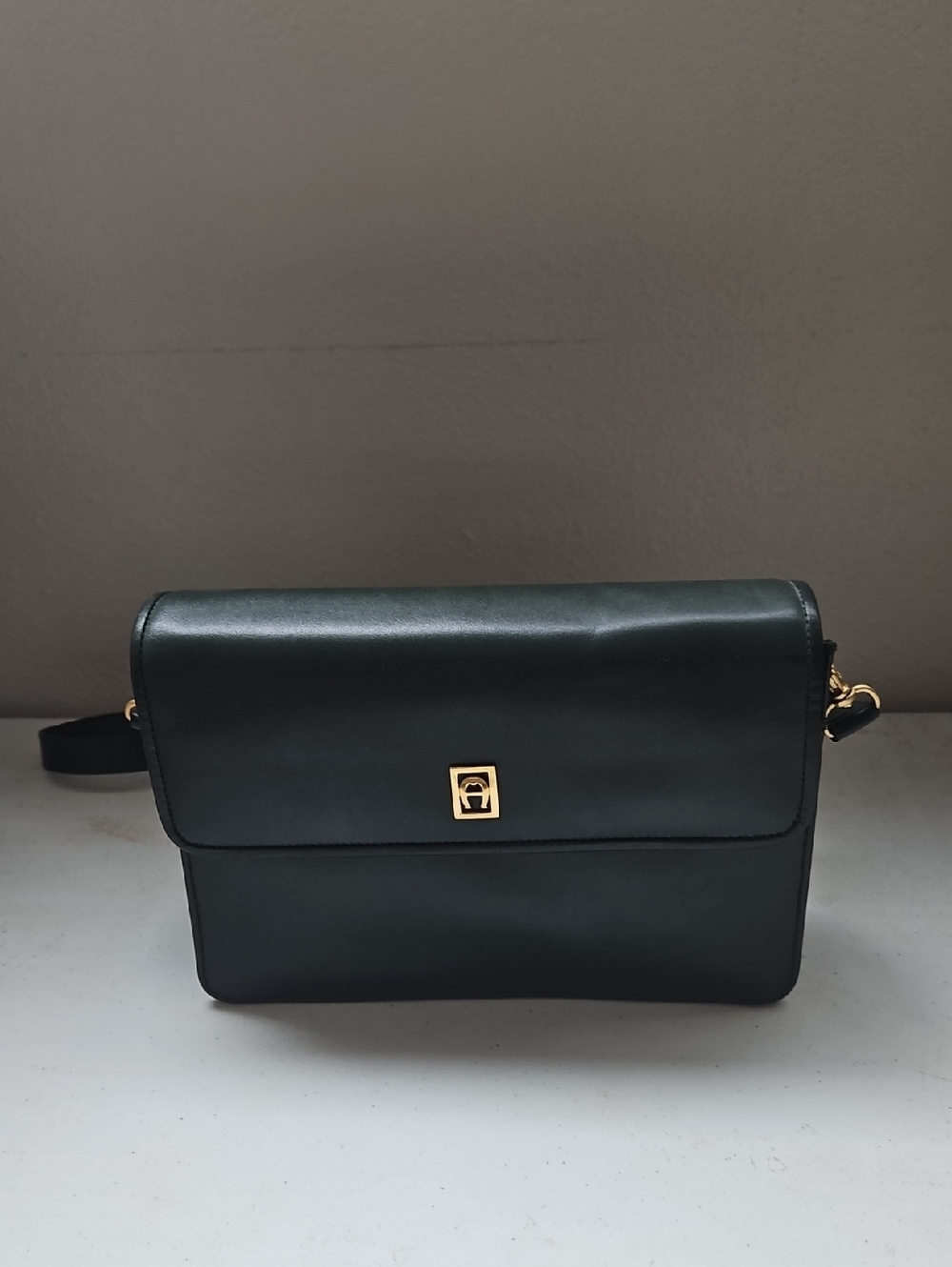 Leather Crossbody Bag in Dark Green with Gold Hardware